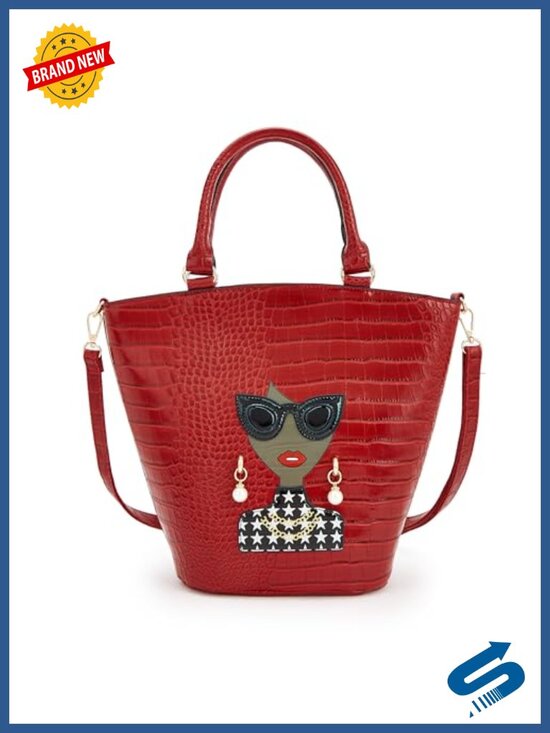 Handbags - Novelty 3D Lady Face Purse Faux Leather Croc Embossed Bucket Bag Top Handle